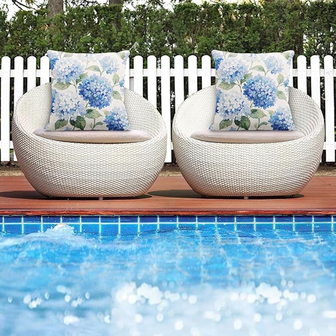 Throw Pillow Covers, Hydrangea Floral Blue, 18 x 18 Inch, Set of 2 | Flower Botanical Outdoor Waterproof Square Cushion Case Pillowcase Farmhouse Garden Decorative Pillows for Couch Beach Patio