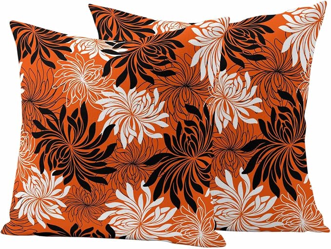 Yukro Orange Black Floral Outdoor Waterproof Pillow Covers Pack of 2, Vintage White Black Flower Orange Decorative Throw Pillowcases Cushion Covers for Garden Patio Tent Sofa Couch, 26x26 inch
