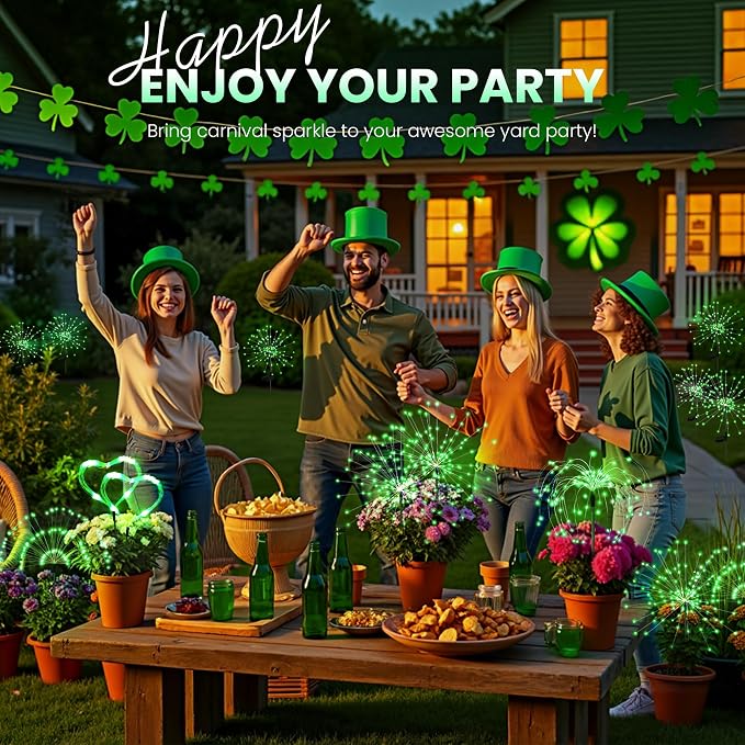 PEVOROS Solar Firework Fairy Garden Lights Outdoor, Green, 4 Pack | 120 LEDs, Waterproof, Fairy Garden Decor, Auto On/Off, Solar Powered, for Yard, Patio, Porch, Flower Pot, Pathway