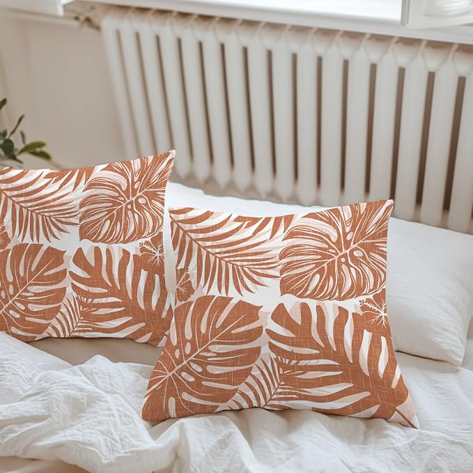 Burnt Orange Palm Leaves Outdoor Pillow Covers 18"x18" Set of 2, Tropical Botanical Minimalist Modern Waterproof Throw Pillow Covers for Patio Furniture, Decorative Cushion Covers for Porch