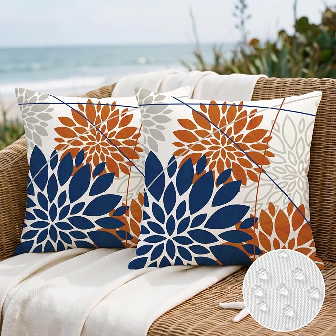 OTOSTAR Outdoor Dark Blue Orange Pillow Covers 16x16 Inch Set of 2 Beige Flower Throw Pillows Farmhouse Geometric Dahlia Floral Square Cushion Case Waterproof Decor for Sofa Patio Funiture Garden