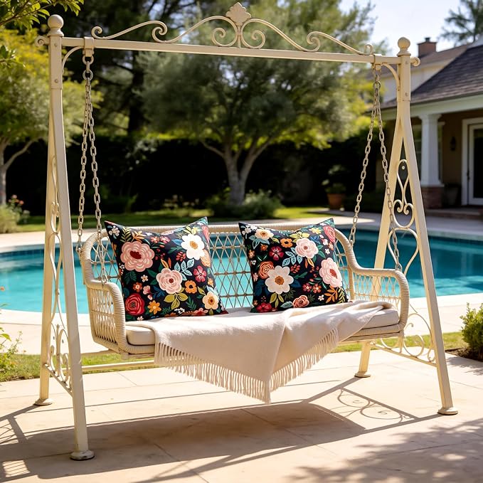 Outdoor Waterproof Floral Pillow Covers Decorative Throw Pillow Covers Summer Black Accent Square Couch Covers Garden Farmhouse Cushion Cases 16x16 Inch Set of 2 for Patio Tent Balcony Furniture Sofa