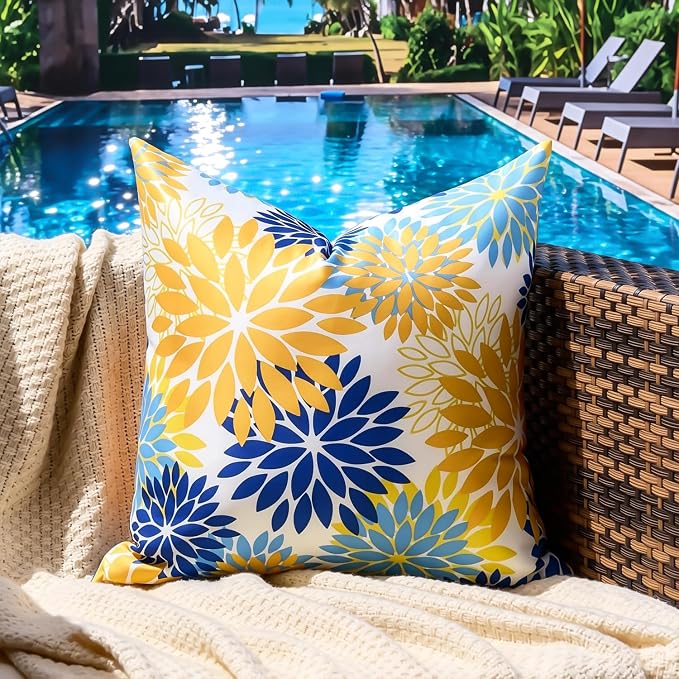 Decorative Outdoor Waterproof Throw Pillow Covers Set of 2 Dahlia Yellow and Blue Pillow Case 16x16 Inches Spring Summer Cushion Covers with Invisible Zipper for Inside and Outdoor