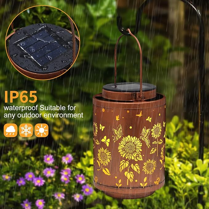 Solar Outdoor Lanterns Garden Decor LED Light Hanging Waterproof | Butterflies Solar Metal Lantern Gifts for Women Mon Grandma Sunflower Solar Lights Outdoor Decoration for Yard
