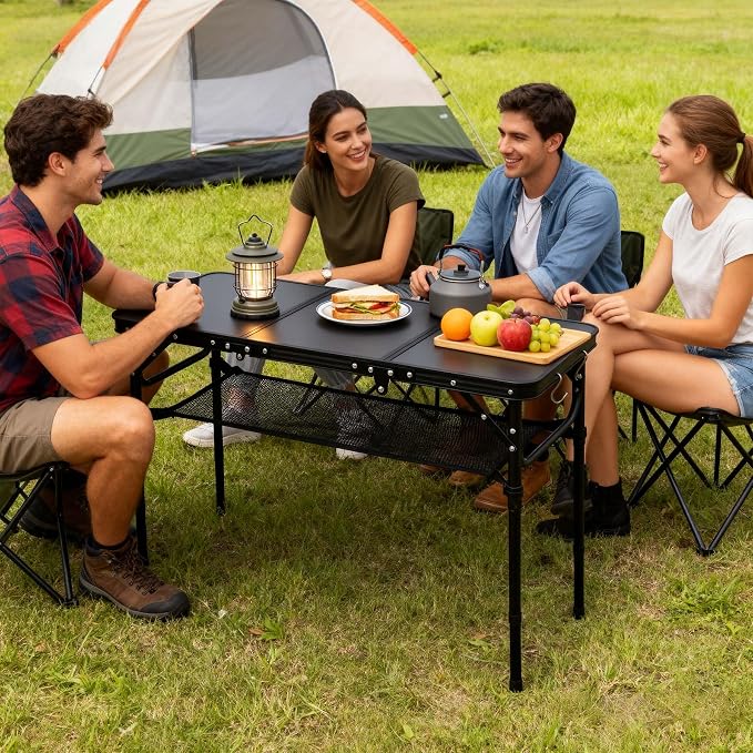 YihuiKo Folding Picnic Table with Storage Net, Matte Black Aluminum Folding Table 35" x 16", Adjustable Height Max 27.5", Lightweight Portable for Camping Travel
