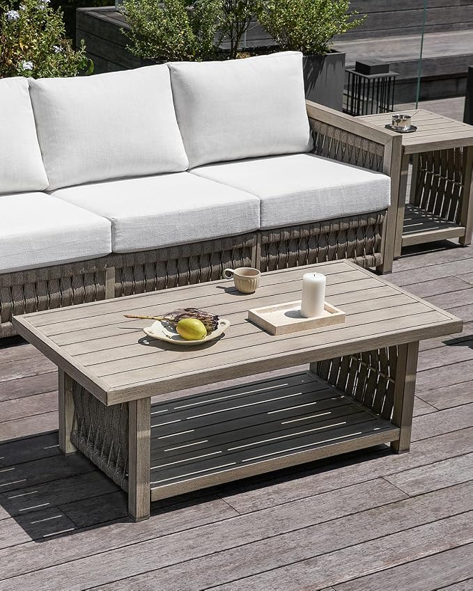 Outdoor Coffee Table, Never Rusts Aluminum Rope Weave Patio Coffee Table, Weatherproof 2-Tier Rectangle Outdoor Patio Table with Adjustable Feet for Garden, Pool, Outside, Decks, Gray Oak