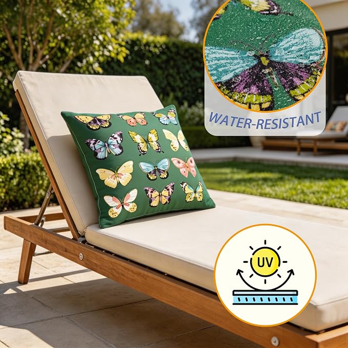18" Outdoor Throw Pillows Set of 4, Waterproof & Fade Resistant Patio Furniture Pillows with Built-in Inserts, All-in-One Green Butterfly Print Design for Sofa, Patio or Backyard Relaxation