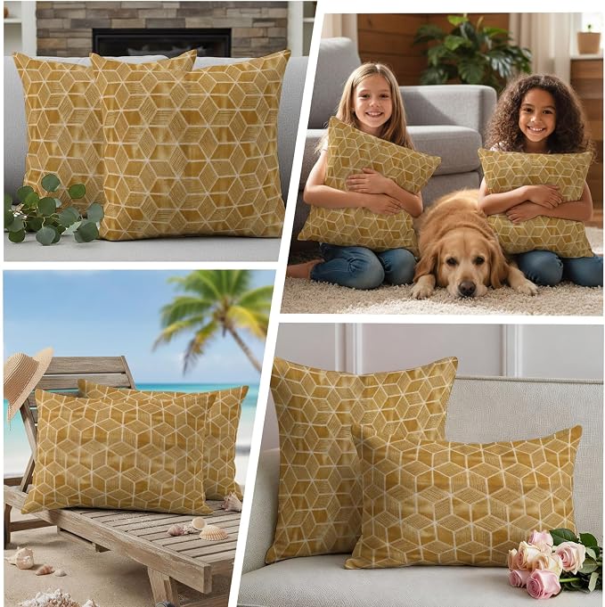 Tan Honeycomb Tiling Waterproof Outdoor Pillow Covers Set of 2 Home Decor, Wooden Grain Blocks Lumbar Pillowcase Patio Pillow Covers for Couch Bench Patio Furniture Garden 20x20in