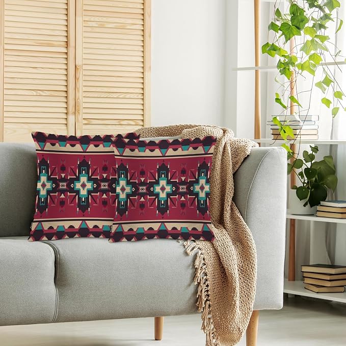 Swono Ethnic Geometric Decorative Throw Pillow Cushion Covers, Native American Style Aztec Pattern Cozy Pillowcase Home Decor Double-Sided Pillow Covers for Home Office Car 18x18 Set of 2, Red