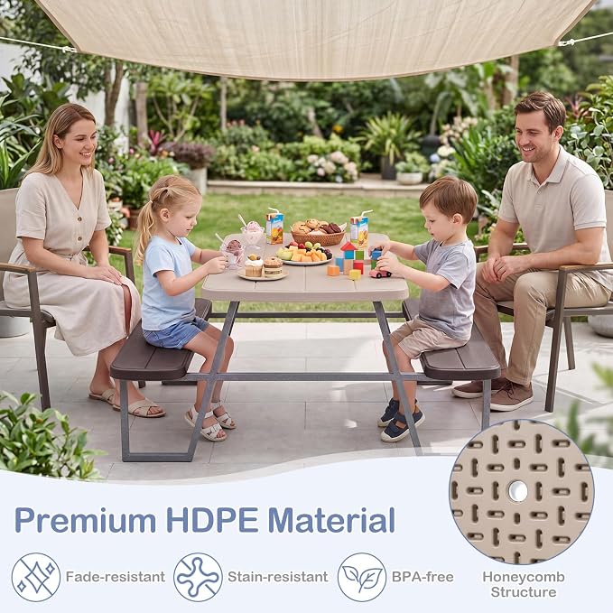 Costzon Kids Picnic Table, Toddler Outdoor Table & Bench Set with Removable Umbrella, HDPE Tabletop, Metal Frame, Kids Outdoor Furniture for Patio Backyard Garden, Fits 4 Children Age 3+ (Coffee)