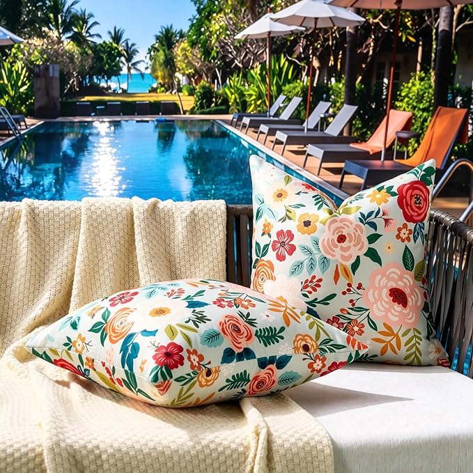 Summer Floral Outdoor Pillow Covers Waterproof Decorative Green Pillow Covers Accent Square Couch Covers Garden Farmhouse Throw Cushion Cases 20x20 Inch Set of 2 for Patio Tent Balcony Bench Sofa