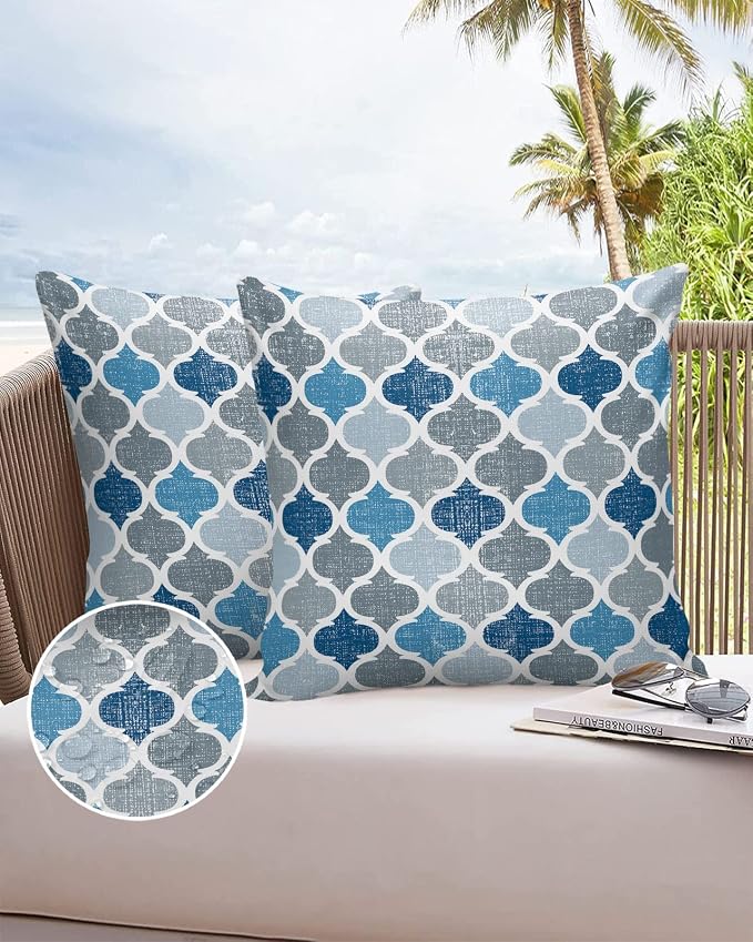 Morocco Outdoor Pillow Shams Set of 2, Decorative Pillowcases Cushion Case, Soft Throw Pillow Covers Waterproof Pillow Case 20x20 Inch, Blue Grey Geometry Retro