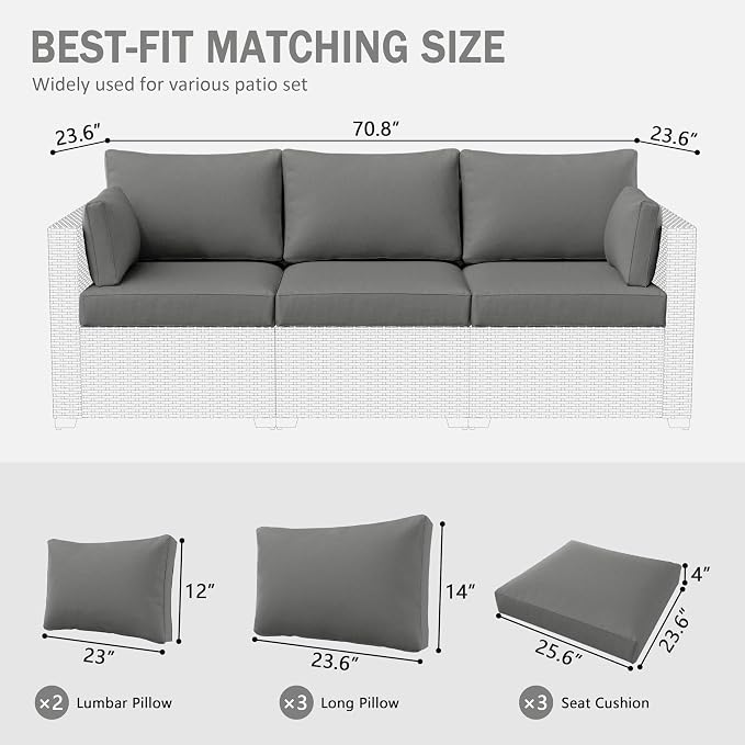 Outdoor Furniture Replacement Cushions, Waterproof Patio Furniture Cushions, 4" Deep Seat Outdoor Sectional Cushion for 3-Seat Outdoors Rattan Sofa Patio Sofa Cushion, Light Grey