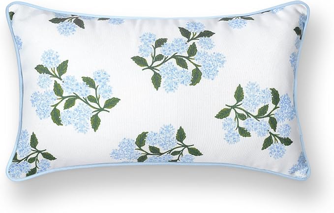 Hofdeco Premium Coastal Patio Indoor Outdoor Lumbar Pillow Cover Only, 12"x20" Water Repellent for Backyard, Couch, Baby Blue Print Hydrangea Flower