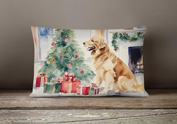 Caroline's Treasures DAC2665PW1216 Golden Retriever Cozy Christmas Throw Pillow Machine Washable, Indoor Outdoor Decorative Pillow for Couch, Bed or Patio, 12HX16W