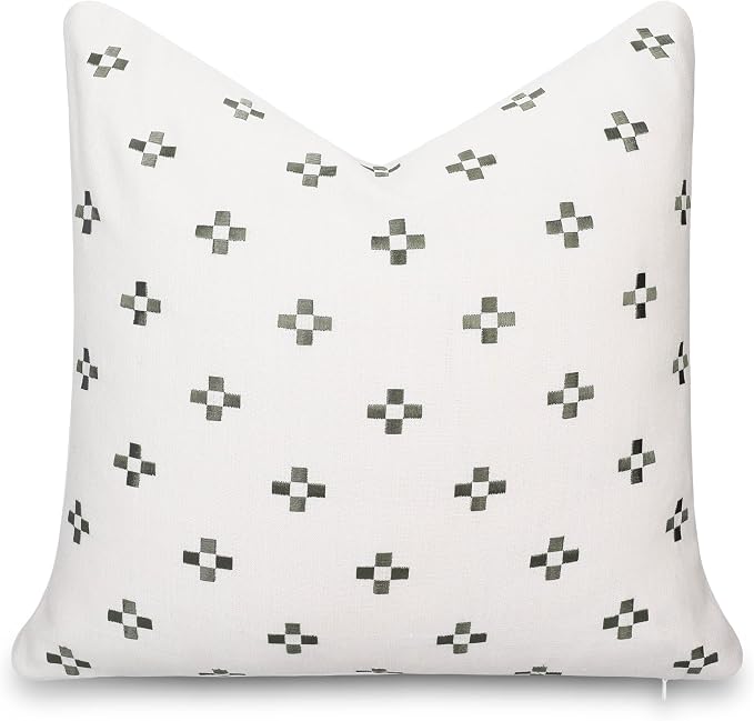Modern Farmhouse California Casual Indoor Outdoor Throw Pillow Cover, 20"x20" Water Repellent for Patio, Backyard, Couch, Poolside, Neutral Green Embroidered Small Squares