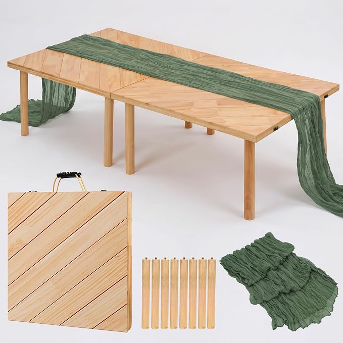 Wooden Folding Picnic Table - 60" x 30" Boho Low Picnic Table with Table Runner, Foldable Table for Indoor Outdoor Camping, Wedding, Beach, Garden, Party(Large Size for 6-8)