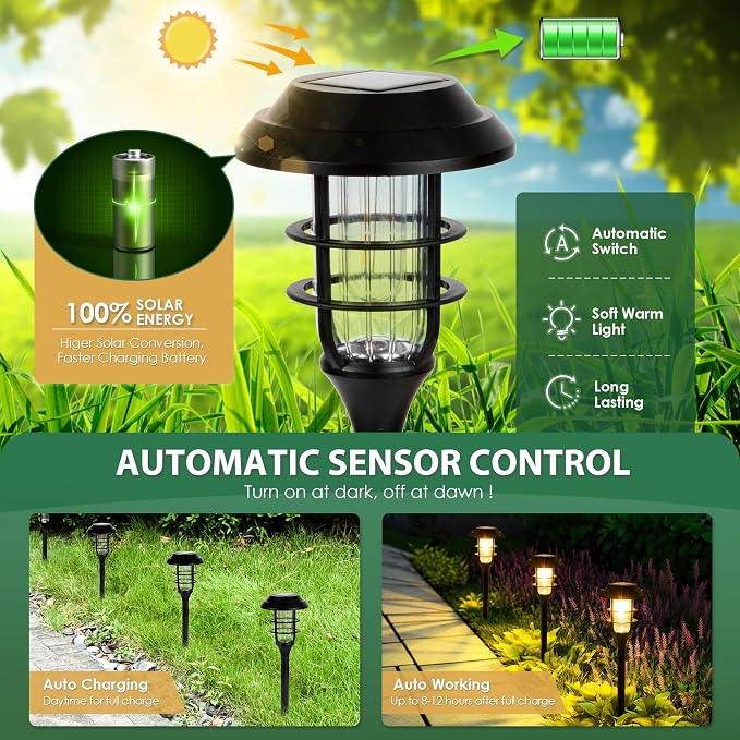 SOLPEX Solar Pathway Lights Waterproof Outdoor Lighting, 8 Pack Warm White | IP65 Waterproof, 10-12H Runtime, Auto On/Off, Tool-Free Install, Yard/Garden/Pathway/Patio/Walkway/Driveway