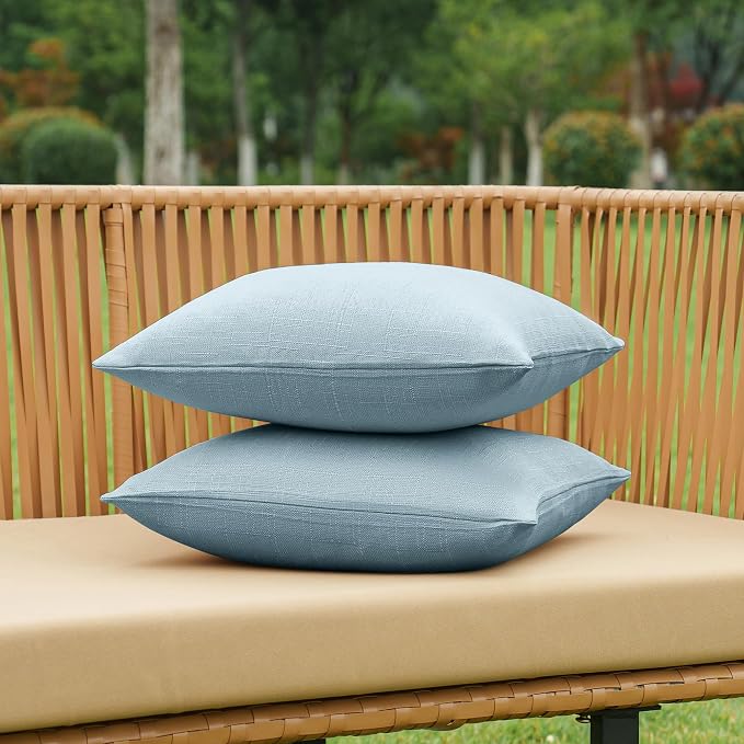 NiNi ALL Waterproof Outdoor Pillow Covers 16x16 Set of 2 Patio Light Blue | Faux Linen Textured Decorative Solid Throw Pillow Covers Farmhouse for Garden Furniture Tent Balcony Couch Sofa Cushion