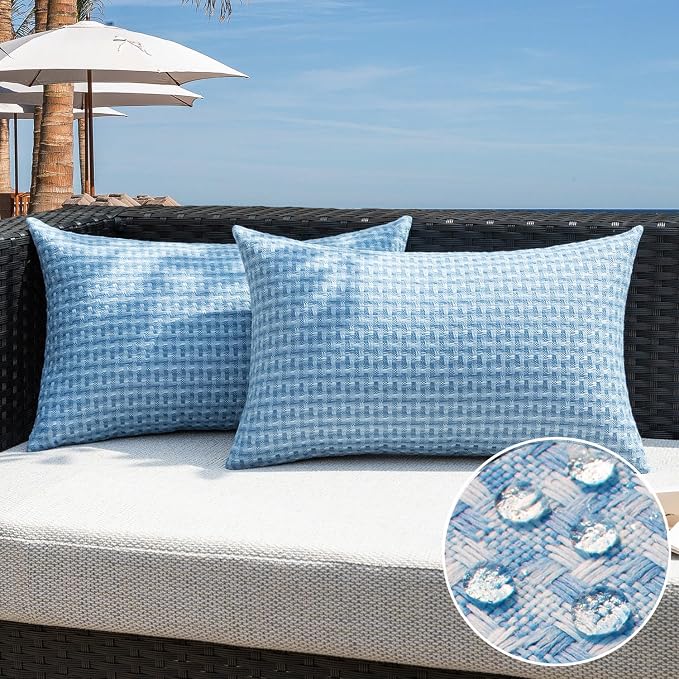 Kevin Textile Outdoor Waterproof 14"x24" Pillow Covers 2 Pack, Light Blue | Water Resistant Weaving Faux Linen Texture Throw Pillow Covers, Outside Decorative Pillowcases for Garden Patio Balcony Couch