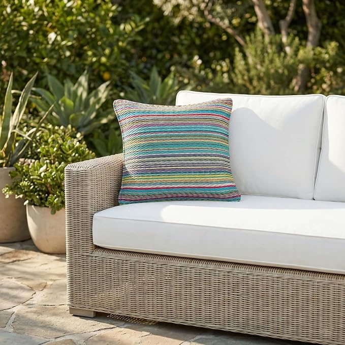 Fab Habitat Outdoor Premium Recycled Plastic Pillow - Waterproof, Fade Resistant - Striped - Patio, Porch, Deck, Balcony - Cancun - Candy - 20" x 20"
