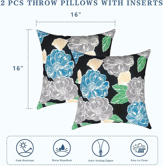 LVTXIII Outdoor Throw Pillows 16x16 Inch, Set of 2 Square Decorative Pillows with Inserts for Patio Furniture, Porch Chair, Garden Sofa, Sketch Peony
