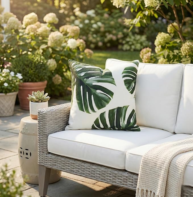 Fab Habitat Indoor/Outdoor Throw Pillow Made from Recycled Polyester Yarn - Stain Resistant, Machine Washable, Insert Included - Tropical - Patio, Deck, Living Room - Palm Leaves Green (20" x 20")