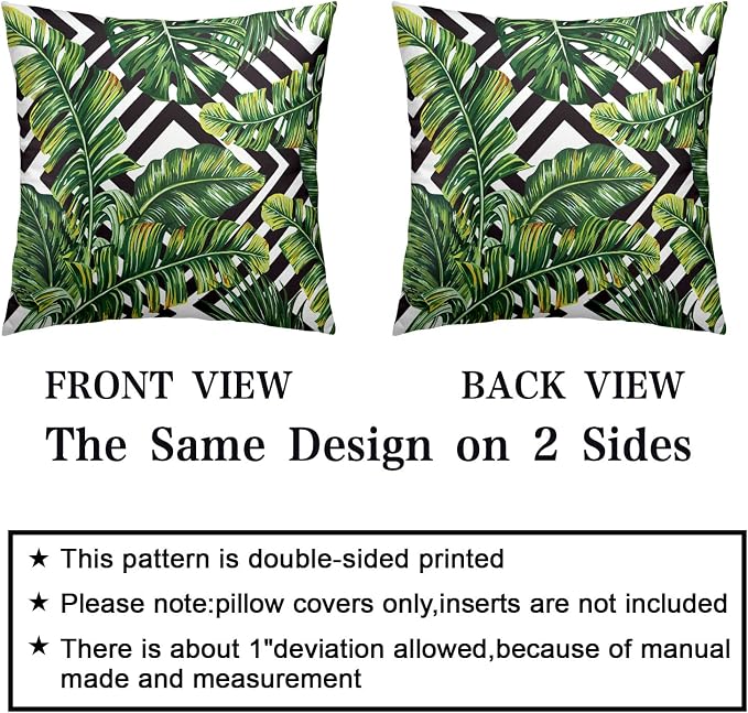 Tropical Green Leaves Throw Pillow Covers 18x18 Set of 2 Summer Palm Tree Pillow Cases Geometric Black and White Square Decorative Pillow Covers Modern Home Decor for Sofa Bed