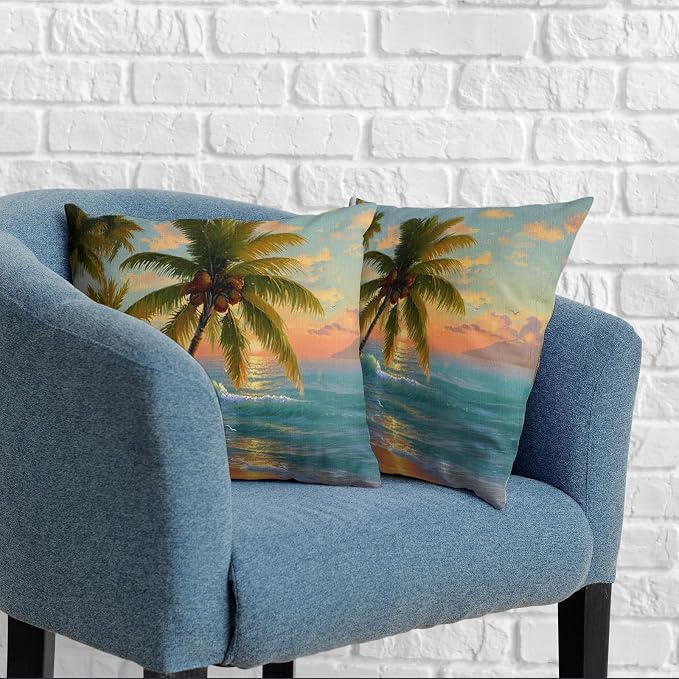 Tropical Throw Pillow Covers Coconut Palm Tree Pillow Covers 24x24 Summer Sunset Coastal Outdoor Pillowcases Hawaiian Sea Wave Cushion Cases for Home Farmhouse Sofa Couch 2 Pcs