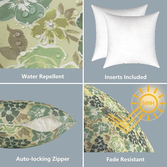 LVTXIII Outdoor Pillows 20x20 Inch, 2 Pack Large Decorative Square Throw Pillows with Inserts for Couch, Bed, Floor Seating, Patio Furniture, Green Rose