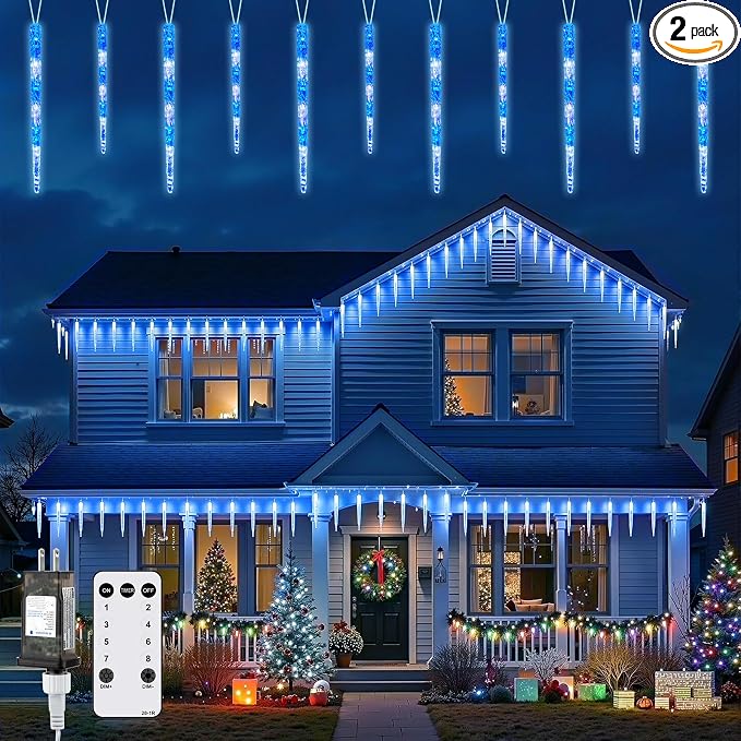 Brightown Icicle Lights Outdoor, 2 Pack Total 40ft 40 Tubes 200 LED Ice Shape String Lights, Connectable Hanging Christmas Decoration Lights for Tree Patio Roof Holiday Decor, Blue and White