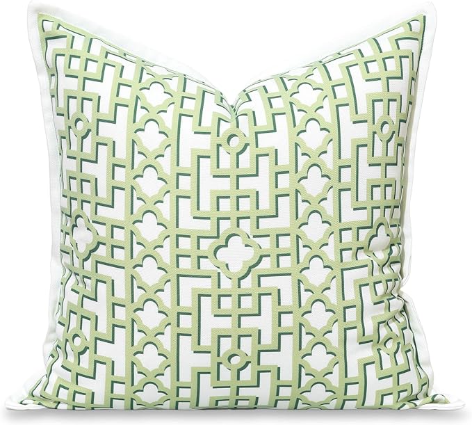 Hofdeco Premium Grandmillennial Coastal Hampton Patio Indoor Outdoor Throw Pillow Cover Only, 20"x20" Water Repellent for Backyard, Couch, Poolside, Grass Green Print Fretwork Trellised Screen