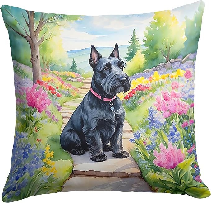 Caroline's Treasures Scottish Terrier Spring Path Throw Pillow Machine Washable, Indoor Outdoor Decorative Pillow for Couch, Bed or Patio, 14Hx14W