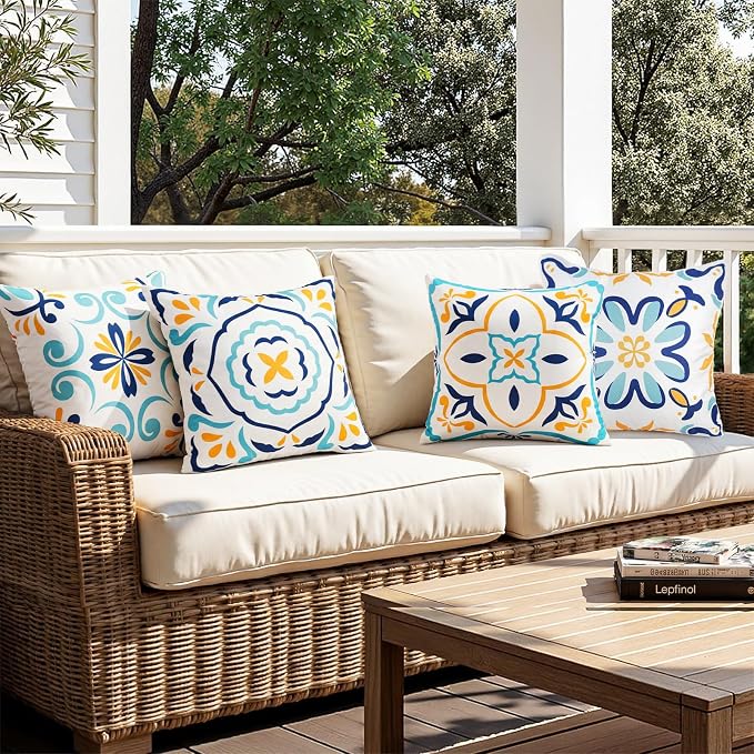 Merrycolor Summer Outdoor Waterproof Throw Pillow Covers 18x18Inch Set of 4 Boho Farmhouse Coastal Decorative Pillowcases Print Flowers Accent Cushion Covers for Couch Patio Swing and Garden Sofa
