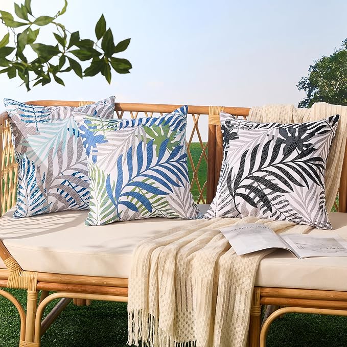 Outdoor Pillow Covers 18x18 Set of 2 Hawaii Tropics Palm Leaves Blue Green Gray Floral Pattern Decoration Pillow Covers for Spring Summer Outdoor Waterproof Garden Patio Sofa Bed Decor JB010-E18