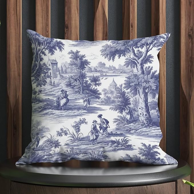 Navy White Blue Decorative Toile Print Pillow Cover French Charmed Life Toile Throw Pillow Cover Abstract Farmhouse Decor Pillow for Patio Garden Couch Tent 26x26 in