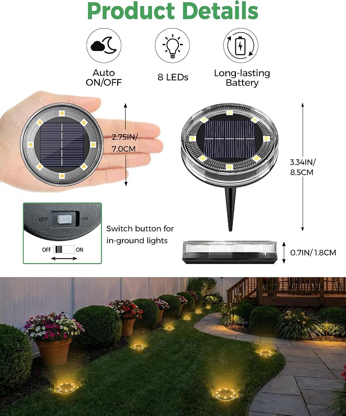 LOTMOS 4 Pack Solar Ground Lights Outdoor, 8 LED Solar Flat Lights IP68 Waterproof Disc Light, Landscape Lighting Solar Powered for Garden Yard Path Driveway Lawn Patio Walkway, Warm White