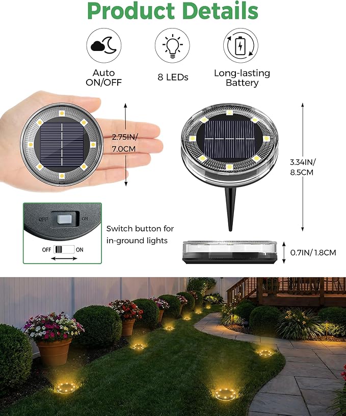 LOTMOS 20 Pack Solar Ground Lights Outdoor, 8 LED Solar Flat Lights IP68 Waterproof Disc Light, Landscape Lighting Solar Powered for Garden Yard Path Driveway Lawn Patio Walkway, Warm White