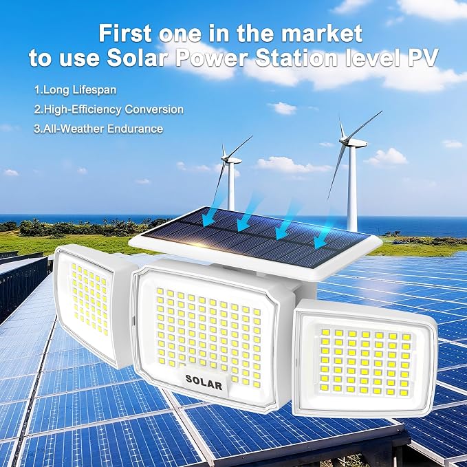JEJOT White Solar Security Light Outdoor Super Bright LED, Motion Sensor Solar Flood Light, 3 Heads 270° Wide Angle,Remote Control, IP65 Waterproof, 3 Modes (3 Packs)
