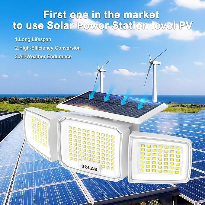 JEJOT White Solar Security Light Outdoor Super Bright LED, Motion Sensor Flood Light, 3 Heads 270° Wide Angle, Remote Control, IP65 Waterproof, 3 Modes (6 Packs)