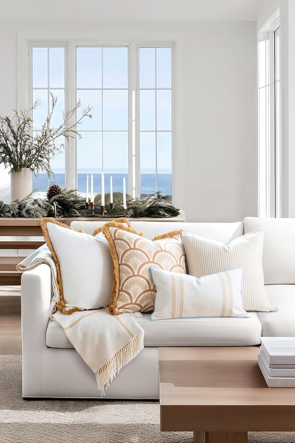 Hofdeco Premium Coastal Hampton Patio Indoor Outdoor Throw Pillow Cover Only, 22"x22" Water Repellent for Backyard, Couch, Poolside, White Neutral Tan Solid