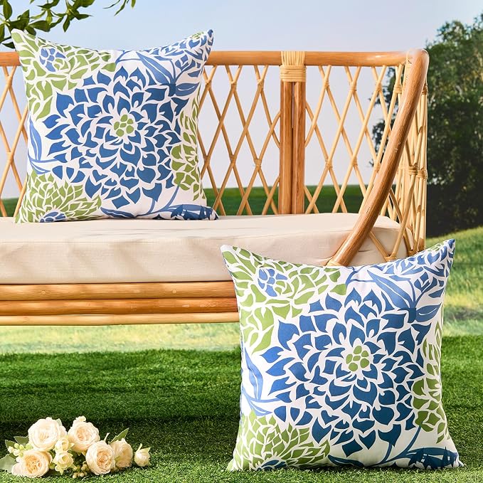 Allorry Outdoor Pillow Covers 18x18 Set of 2 Blue Green Flower Pattern Decoration Throw Pillow Covers for Spring Summer Outdoor Waterproof Furniture Garden Patio Sofa Bedroom Home Decor JB011-D18