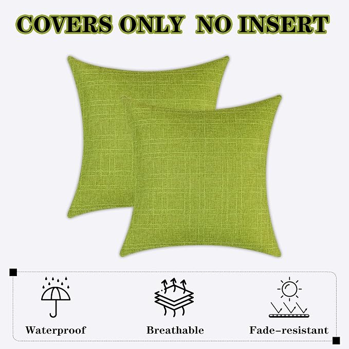 Kevin Textile Outdoor Waterproof 16”x16” Pillow Covers 2 Pack, Green | Water Resistant, Soft Faux Linen-cotton Yarn-dyed Woven Texture Throw Pillow Covers for Tent Patio Garden Couch Sofa
