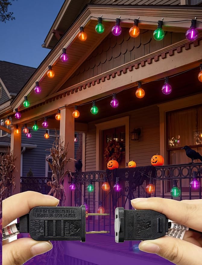 LED Outdoor String Lights 25Ft Orange Purple and Green Halloween Lights Outdoor with 27 Shatterproof LED Globe Bulbs, Connectable Halloween Decorations Lights for Home Patio Garden Christmas Party