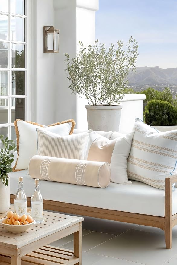 Hofdeco Premium Coastal Hampton Patio Indoor Outdoor Throw Pillow Cover Only, 20"x20" Water Repellent for Backyard, Couch, Poolside, Neutral Tan Blue Print Stripes