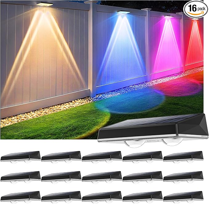 Solar Fence Lights Outdoor - 16 Pack RGB Fence Lights Solar Powered, 7 Color Modes & Warm White, IP67 Waterproof Dusk to Dawn Solar Powered Lights 12+ Hours for Fence/Backyard/Wall/Step/Patio/Deck