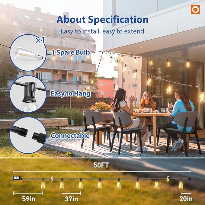 addlon 50FT Outdoor String Lights ST38 LED with Remote Waterproof Dimmable | Shatterproof Replaceable Bulbs, Connectable Hanging Strand for Porch Backyard Patio Garden Deck Outside, Timer,3 Modes