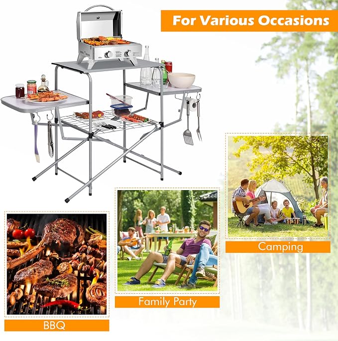 Giantex Folding Grill Table with 26'' Main Tabletop, Portable Aluminum Camping Table, Carrying Bag, Quick Set-up, Outdoor Camping Kitchen Food Prep Station for Picnic Tailgating RVing Backyard