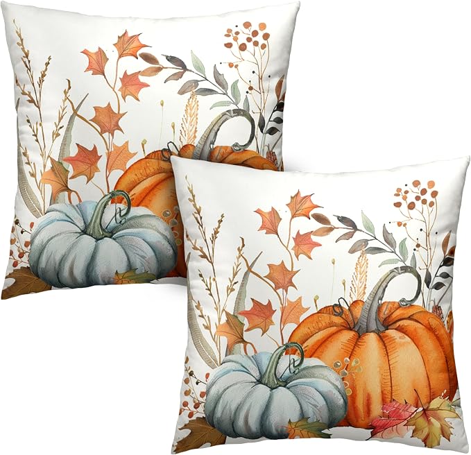 Orange Blue Pumpkin Pillow Covers Fall Maple Leaves Throw Pillow Covers Autumn Thanksgiving Decorative Cushion Case 18x18 for Farmhouse Living Room Couch Patio Set of 2