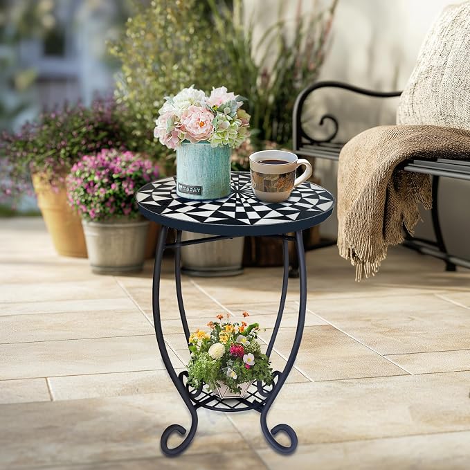 LIFFY Outdoor Side Table,12" Round Ceramic Tabletop Accent Table with Metal Frame, Indoor Small Decorative Plant Stand & End Table for Home, Patio, Garden
